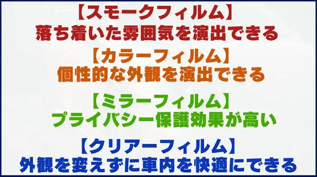 カーフィルムの種類と主な特長