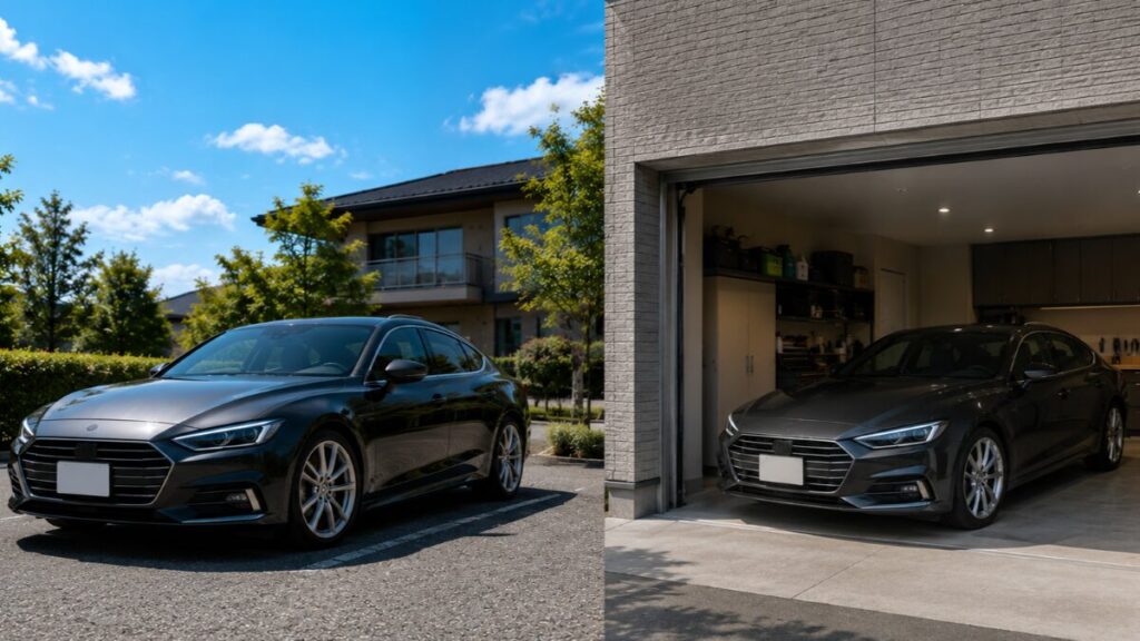 屋内駐車と青空駐車の違いのイメージ