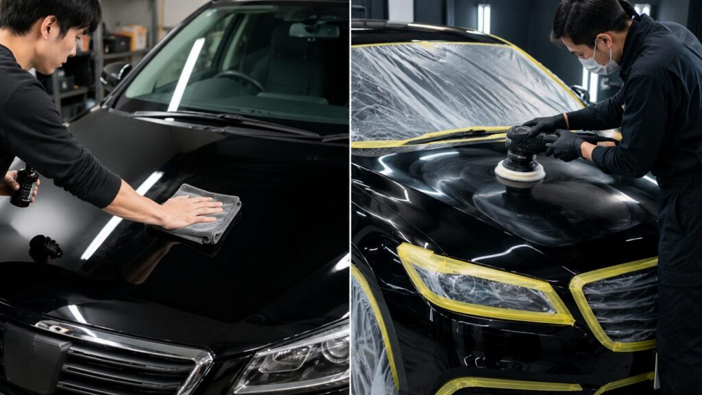 Two auto detailers work on a black car: one wipes the hood with a cloth, the other polishes the surface with a machine polisher.