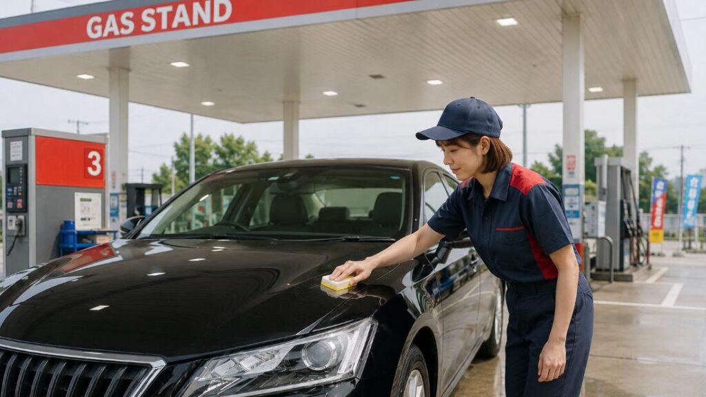 ガソリンスタンドでコーティング施工している様子