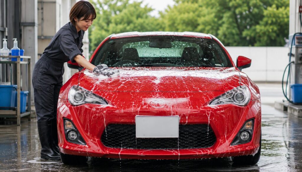 ワックスを除去するために洗車している様子