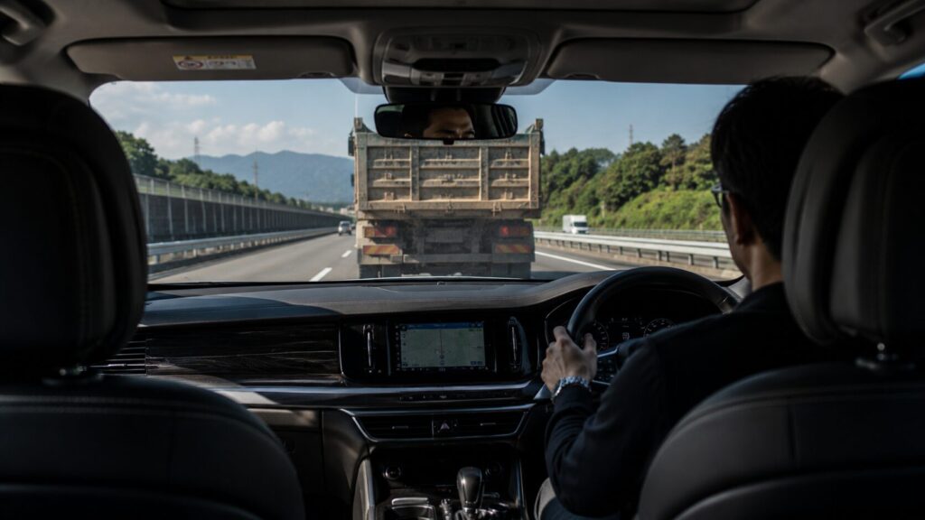 飛び石が起きやすい高速道路を走行している様子 - ガラスコーティング剤通販ブログ 飛び石が起きやすい高速道路を走行している様子