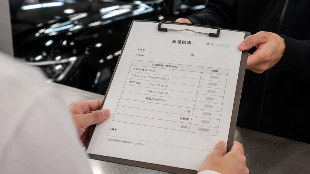 セラミックコーティング施工の明細を確認する様子