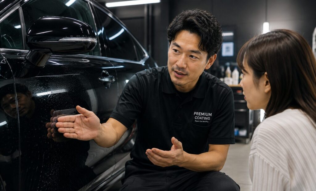 お店で最適なコーティングの説明を受けている様子