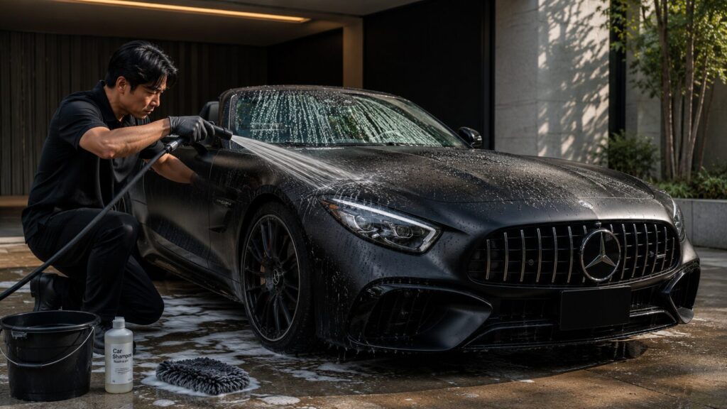 マットプロテクションフィルム施工車を洗っている様子