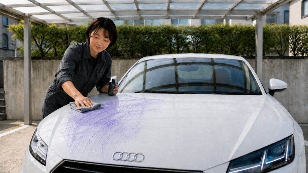 新車と経年車ではガラスコーティング前の下地処理が異なる - ガラスコーティング剤通販ブログ 除去剤をボディに塗っている様子