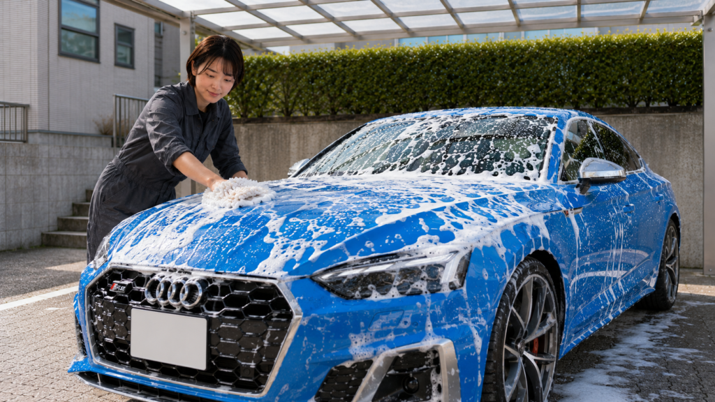 下地処理で丁寧に洗車する様子