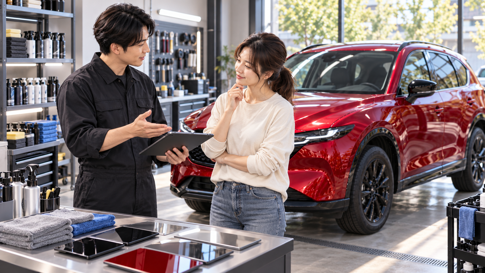 ポリマーコーティングについてお店のスタッフに相談している様子